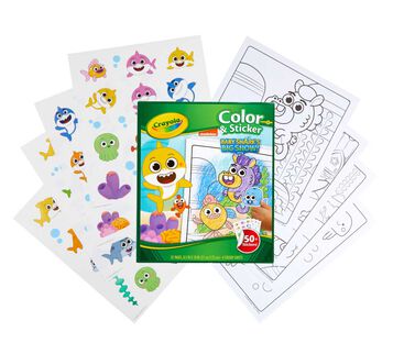 Baby Shark Color & Sticker Book Baby Shark Color and Sticker Book front view and coloring pages.