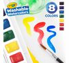 Washable Watercolors. 8 colors.  Paint tray, paint brush and yellow, red, and blue paint squiggles.
