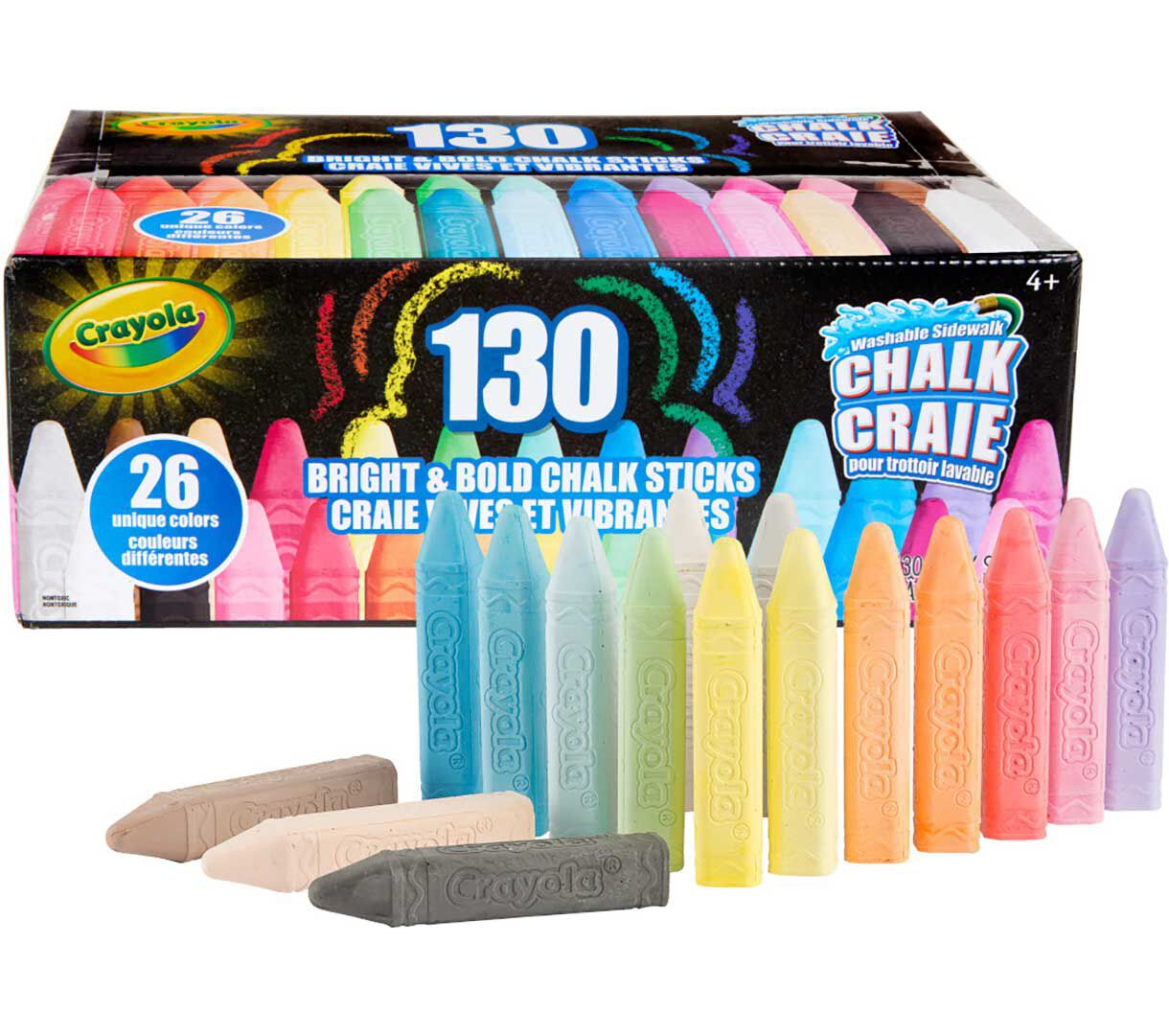 Washable Sidewalk Chalk, 130 count packaging and color assortment in box.