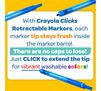 With Crayola Clicks Retractable Markers, each marker tip stays fresh inside the marker barrel. There are no caps to lose! Just click to extend the tip for vibrant washable colors!