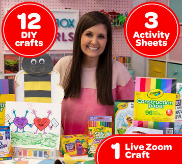 Camp Craft Box Spring Virtual Camp for 1 Kid. 12 DIY Crafts, 3 Activity Sheets, 1 Live Zoom Craft.  Lynn Lilly with spring crafts and Crayola product