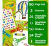 Young Kids Scissor Skills Kit. 50 page pad, 3 scissors, 24 washable crayons, 8 washable markers, 58 stickers, 24 googly eyes and 1 washable glue stick