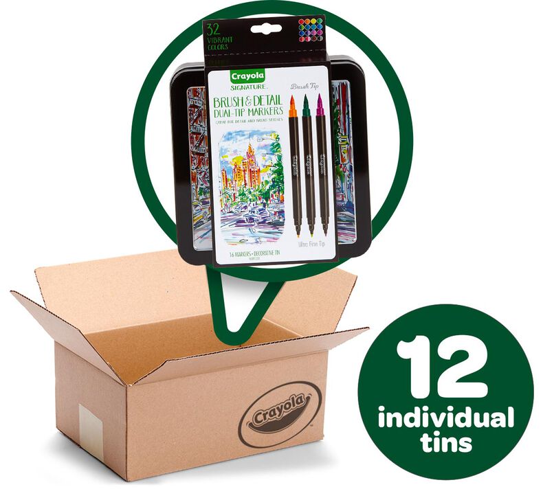Signature Brush & Detail Dual Ended Markers Bulk Case, 12 Individual Tins, 16 count Each