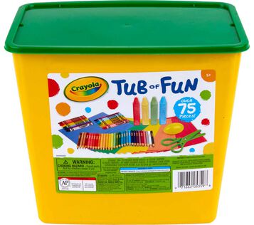 Tub of Fun Art Supplies, over 75 pieces, front view.