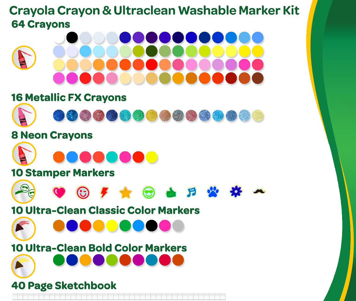The Crayon and Marker Fun Pack includes many different crayons and markers for you to create a