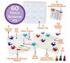 STEAM Paper Butterflies 60 piece science kit. 1 color mixing guide and instructions, 1 pop-out frame, 12 tips, 1 white crayon, 1 display tray, 12 butterfly bodies, 3 Pip-Squeaks Skinnies markers, 2 wing sheets, 12 double-sided adhesive strips, 3 inks