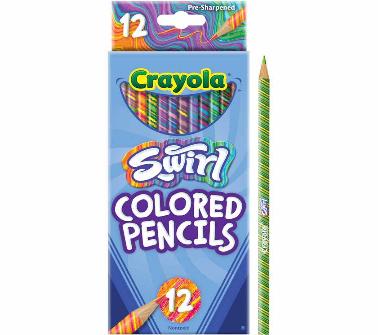 Swirl Colored Pencils, 12 count. Front view with one pencil standing on end.