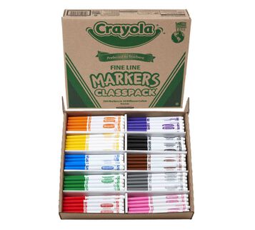 Crayola fine line markers classpack, 200 count, 10 colors packaging and contents.