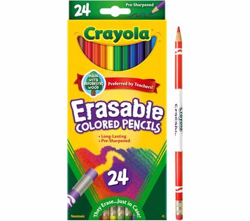 Erasable Colored Pencils, 24 count packaging and one pencil standing side by side.
