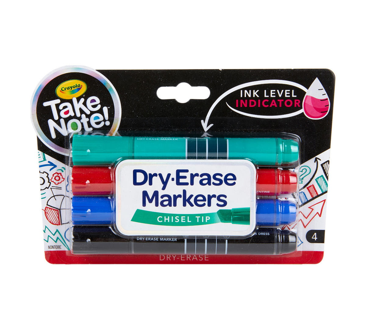DRY BOARD ERASER 4 MARKERS ASSORTED COLORS BLACK RED GREEN BLUE 