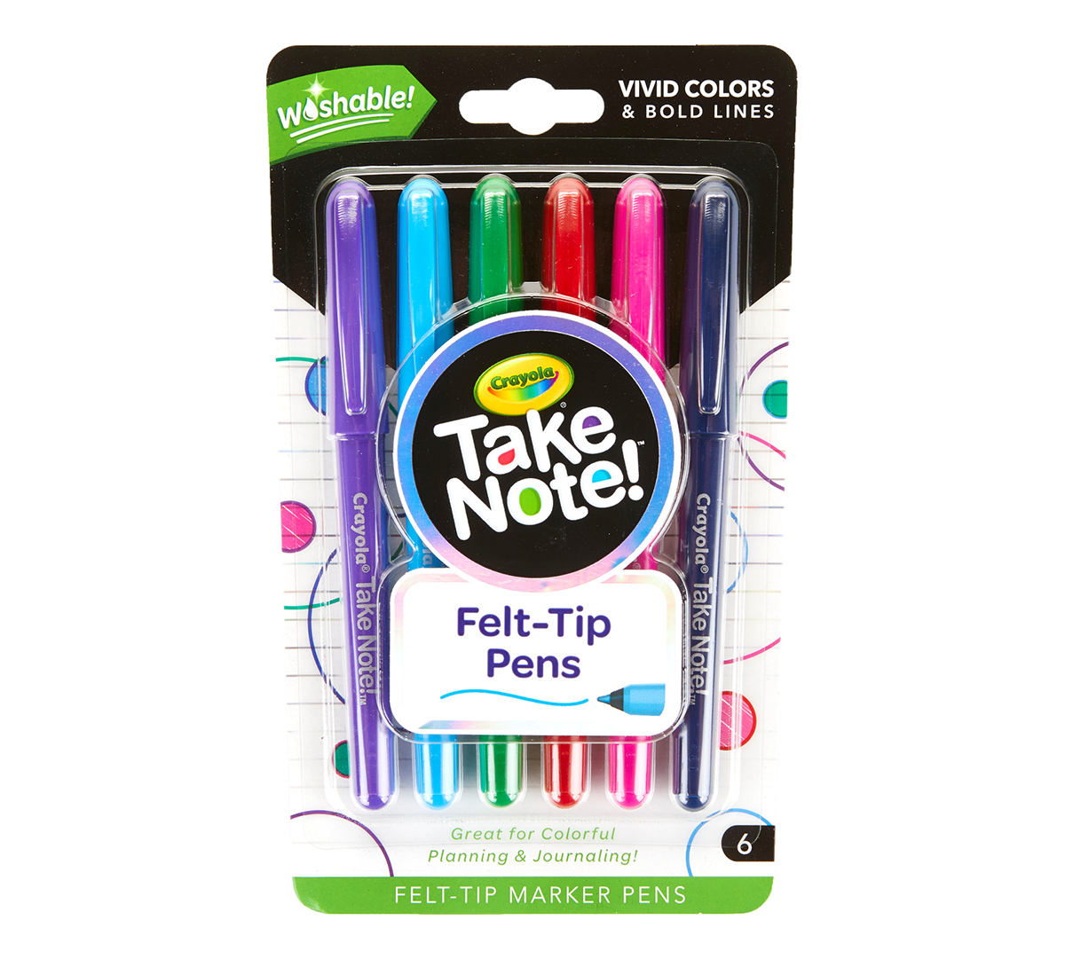 Details about   Crayola Take Note Felt Tip Pens Vivid Colors & Bold Lines Washable 6 Count NEW 